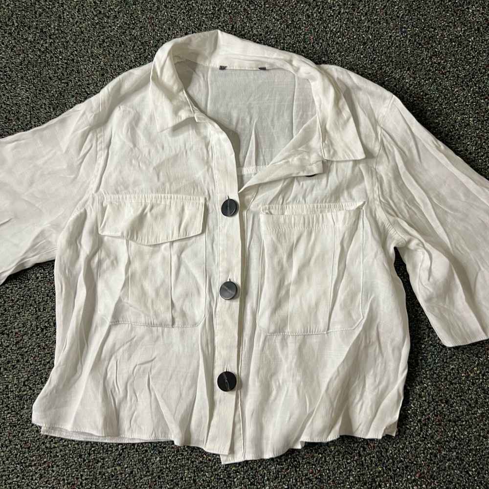 PRIMARK White Short-Sleeve Oversize Boxy Button Down Blouse Top Collar T-Shirt S - Picture 6 of 16